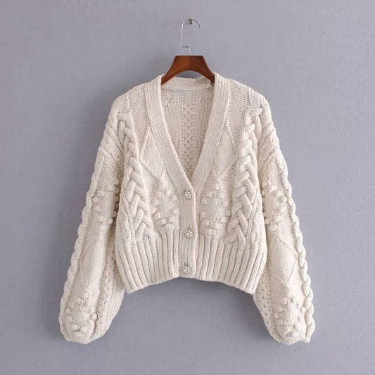 Chunky Knit Bubble Sleeve Cardigan – Cream Cable Knit with Button Front Women's Slimming Costume Button Knitted Jacket