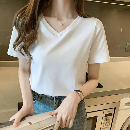 Korean V-Neck T-Shirt Korean Style Solid Color t-Shirt Top