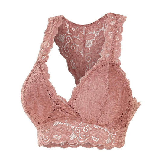 Sheer Floral Lace Racerback Bralette Solid Color Hollow Lace Underwear Bra