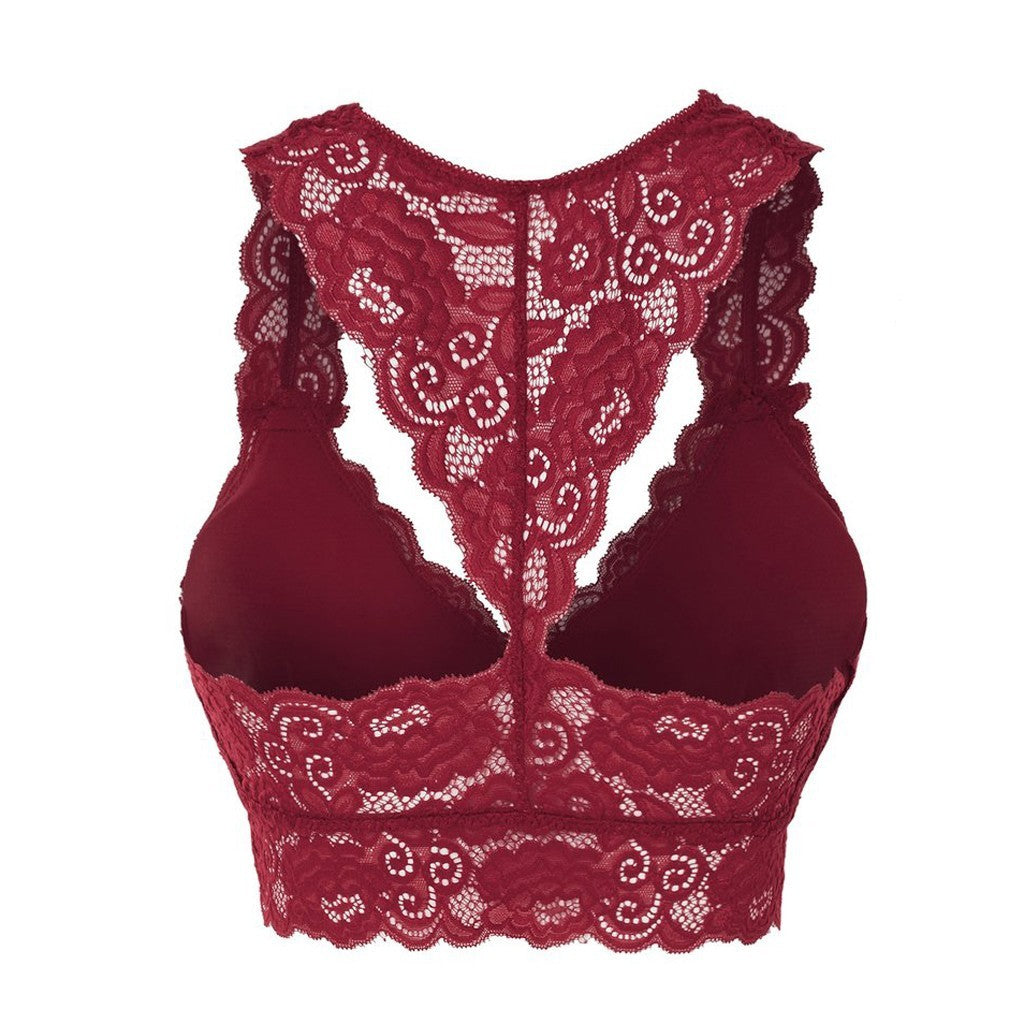 Sheer Floral Lace Racerback Bralette Solid Color Hollow Lace Underwear Bra