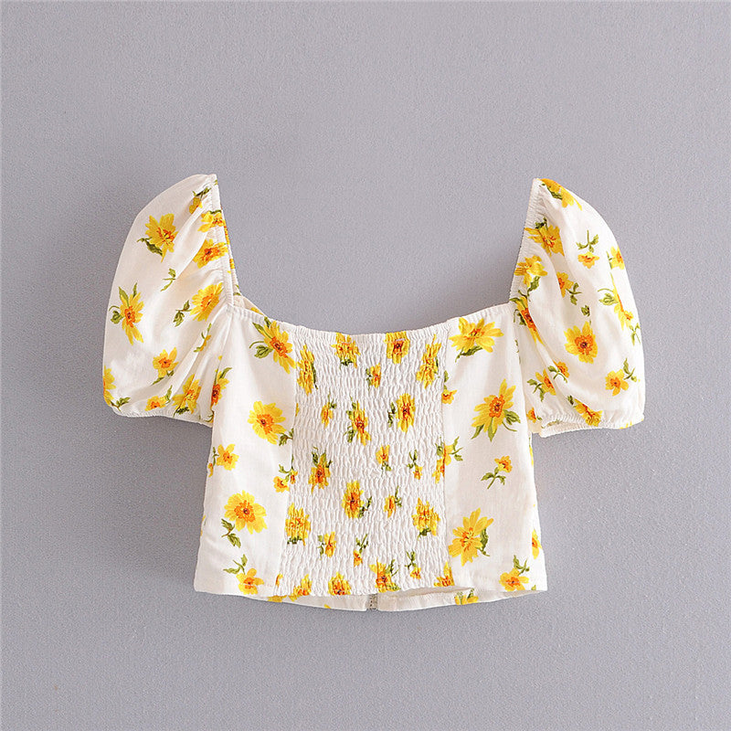 Irregular Fashion Suit With Printed V-neck Puff Sleeve Top For Women