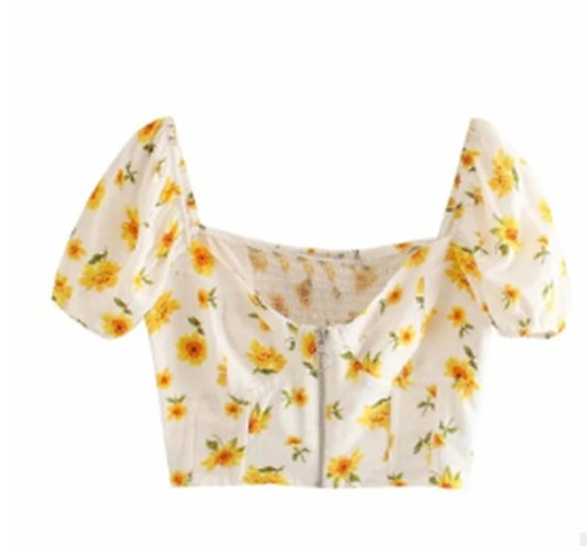Irregular Fashion Suit With Printed V-neck Puff Sleeve Top For Women