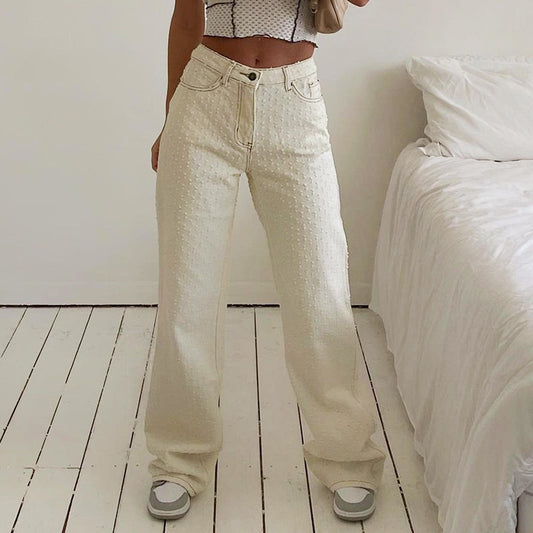 Dot & Dash High-Waist Flares – Vintage Chic, Modern Fit Foreign Trade New Street Trend Women's Wear Ripped Texture Jeans Wide-Leg Pants Women