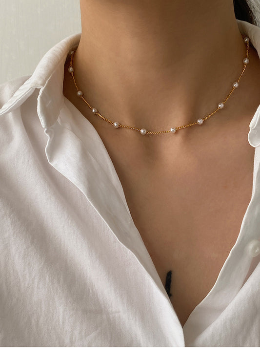Dainty Gold Chain Pearl Station Choker Necklace All-match Temperament Stacking Accessories Clavicle Chain