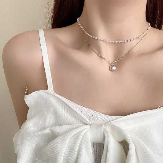 Dainty Pearl Choker & Pendant Necklace Set Europe And The United States Niche Design Double Necklaces Retro Pearl Clavicle Chain Net Red Fashion Fishtail Pendant Necklace Women