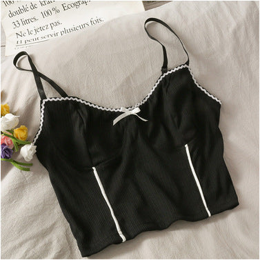 Lace Trim Ribbed Cami Top – Soft Spaghetti Strap Tank with Bow Detail in 5 Colors Sweet Wind Short Crop Navel Slim Show a Small Vest Inside