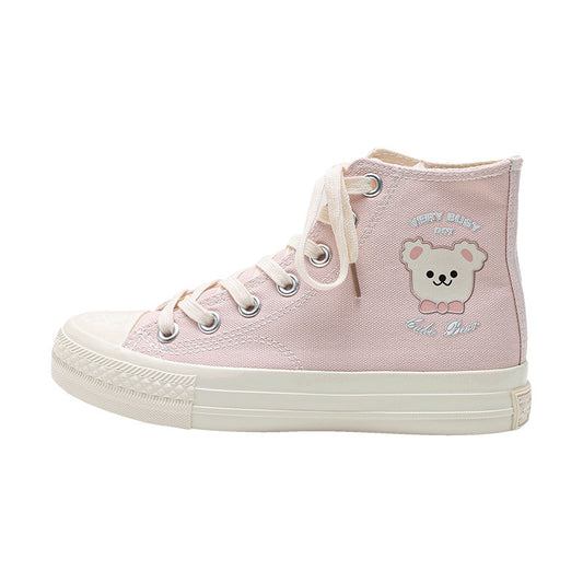 Soft Sister Pink Print Cute Bear High-Top Canvas Shoes Women
