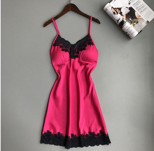 Sexy Satin & Lace Slip Dress Nightgown V-neck Lace Hem Strap Nightdress