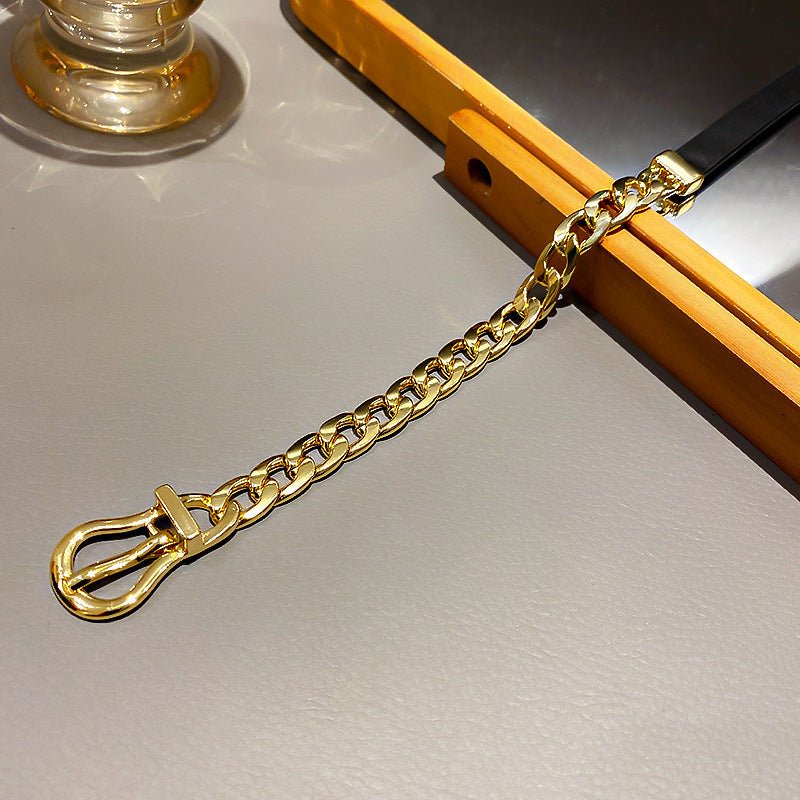 Chic Faux Leather & Gold Chain Choker Necklace FYUAN Golden Chain Choker Necklaces for Women Short Black Leather Button Necklaces Statement Jewelry