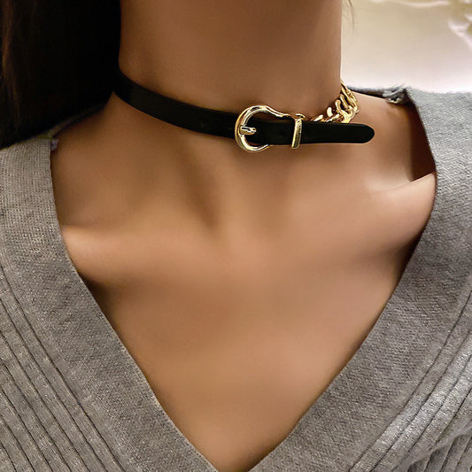 Chic Faux Leather & Gold Chain Choker Necklace FYUAN Golden Chain Choker Necklaces for Women Short Black Leather Button Necklaces Statement Jewelry