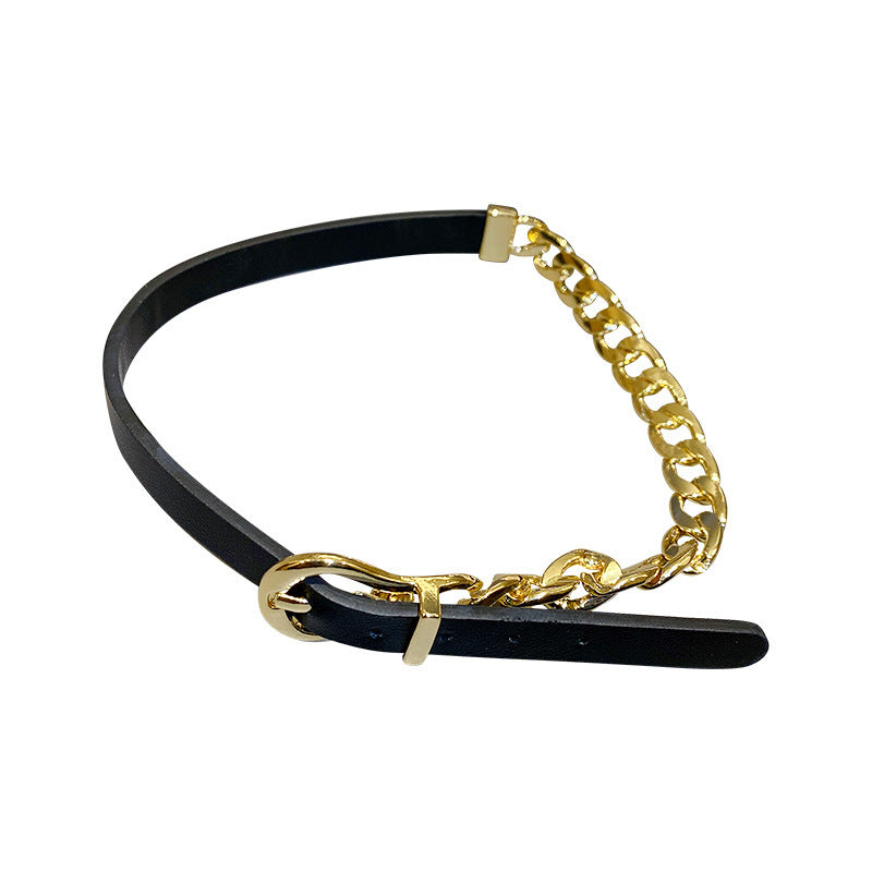 Chic Faux Leather & Gold Chain Choker Necklace FYUAN Golden Chain Choker Necklaces for Women Short Black Leather Button Necklaces Statement Jewelry