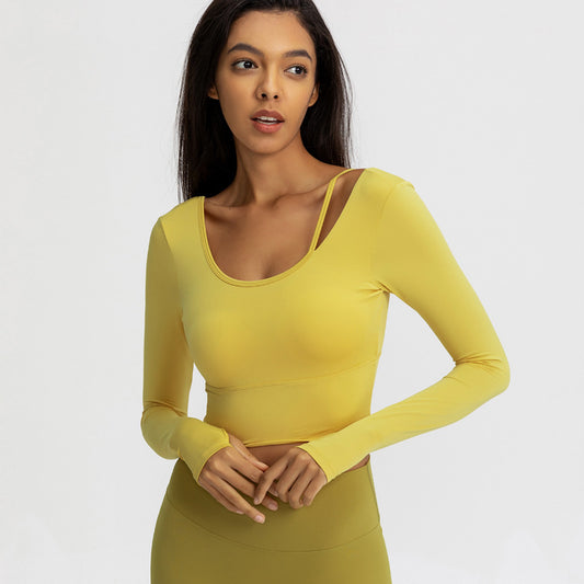 Asymmetrical Strap Long Sleeve Crop Top – Stretchy Ribbed Yoga & Athleisure Shirt for Women Yoga clothes top women