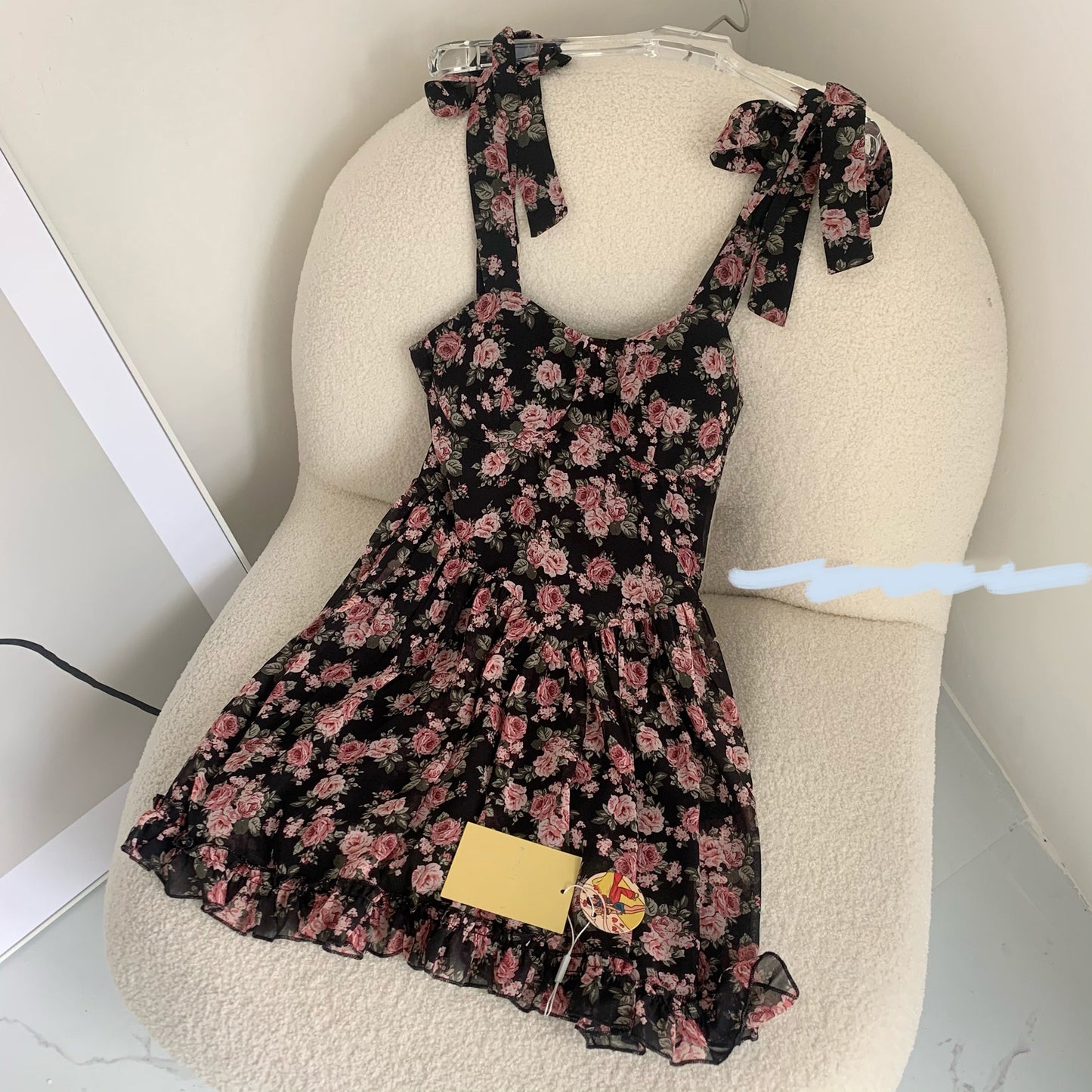 Cute Floral Print Tie-Shoulder Mini Dress Spicy World Rich Flowers Summer Women's New Floral Bow Sling Dress