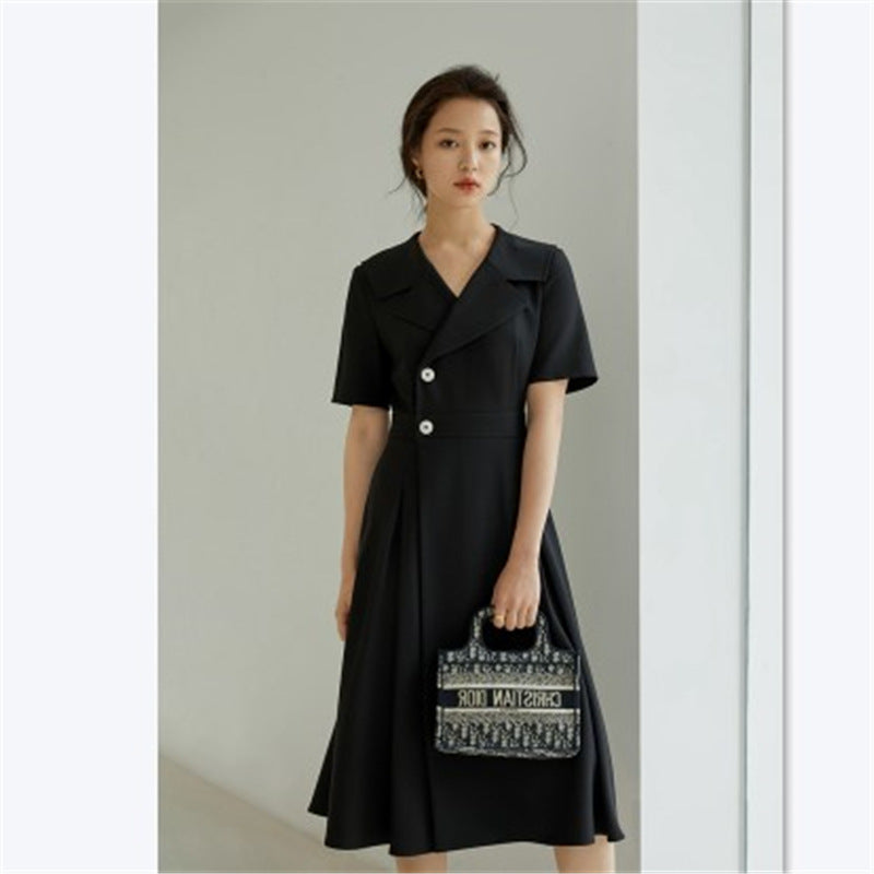 Vintage Inspired Button-Front Midi Dress Professional Suit Dress Female Summer New Hepburn Style Temperament Was Thin Long Skirt