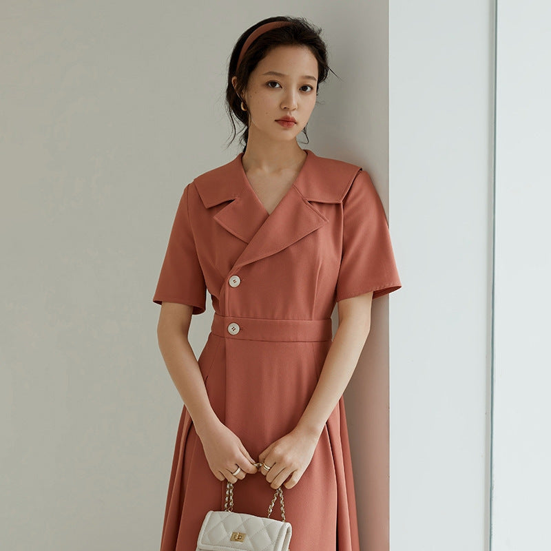 Vintage Inspired Button-Front Midi Dress Professional Suit Dress Female Summer New Hepburn Style Temperament Was Thin Long Skirt