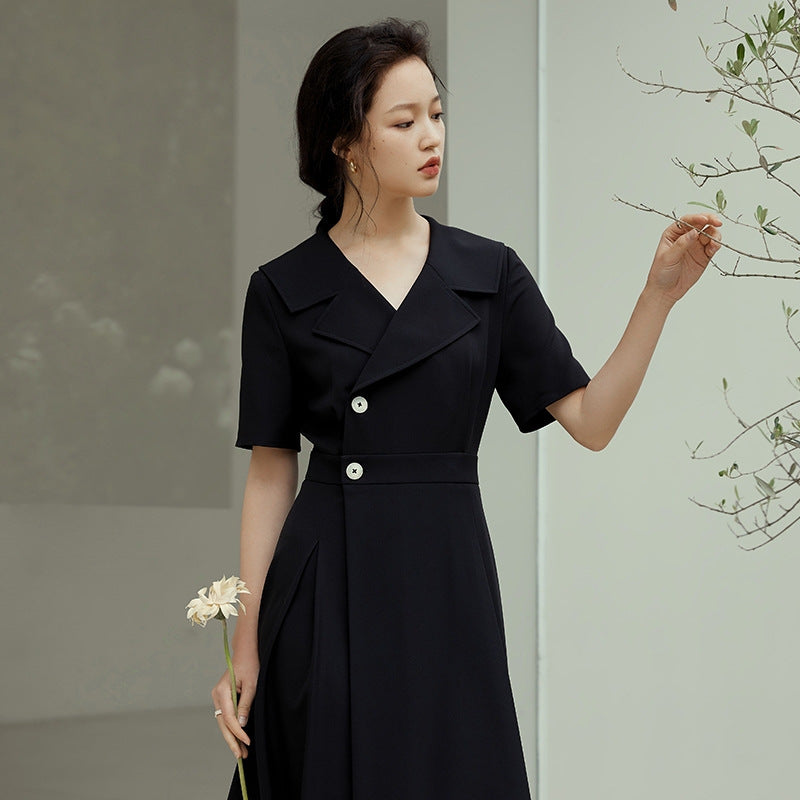 Vintage Inspired Button-Front Midi Dress Professional Suit Dress Female Summer New Hepburn Style Temperament Was Thin Long Skirt