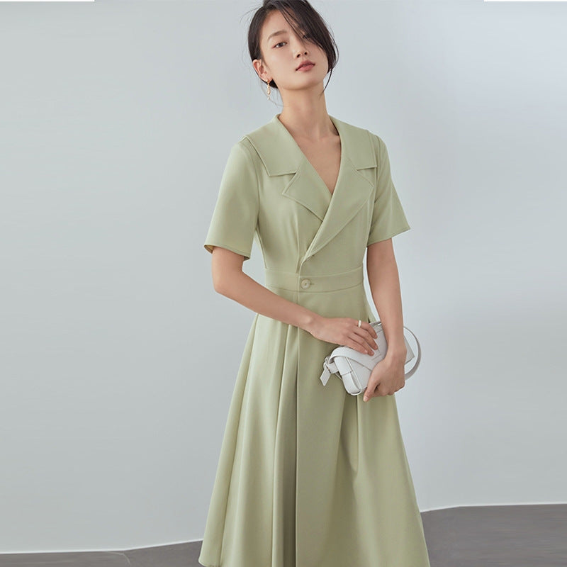 Vintage Inspired Button-Front Midi Dress Professional Suit Dress Female Summer New Hepburn Style Temperament Was Thin Long Skirt