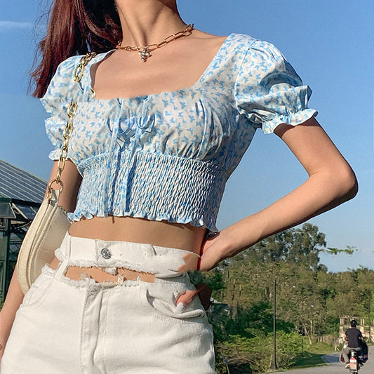 Butterfly Print Square Neckline Drawstring Princess Sleeve Crop Top