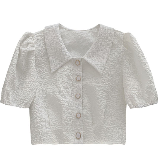 Elegant White Short Sleeve Button-Up Top Korean Style Niche Design Temperament Small Short Top