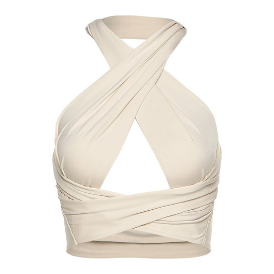 Chic Cross-Front Halter Crop Top - Beige & White Korean Women's Bandage Vest Top
