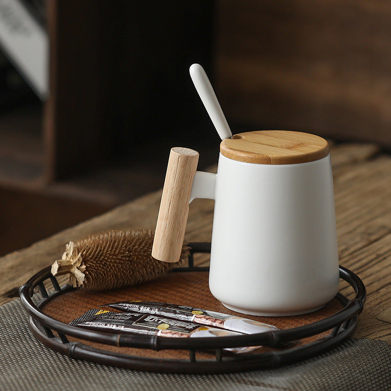 Aesthetic Home Office Coffee & Tea Cup with Lid Ceramic Mug With Wooden Handle Mug Coffee Cup