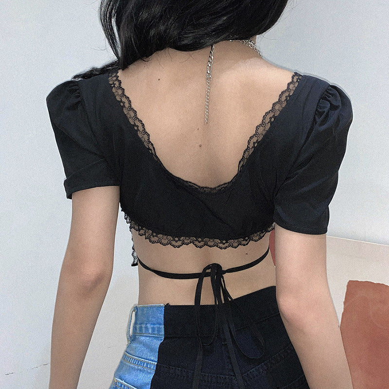 Lace Short-sleeved Black Top For Women's