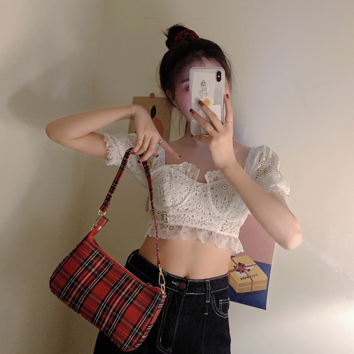 Sweet & Chic Embroidered Lace Blouse - Women's Cropped Top Korean style lace puff sleeve short top