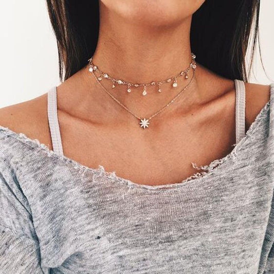 Boho Chic Multi-Layered Necklace Delicate Adjustable Collar Chain Trendy Gold Plated Star Charm Necklace