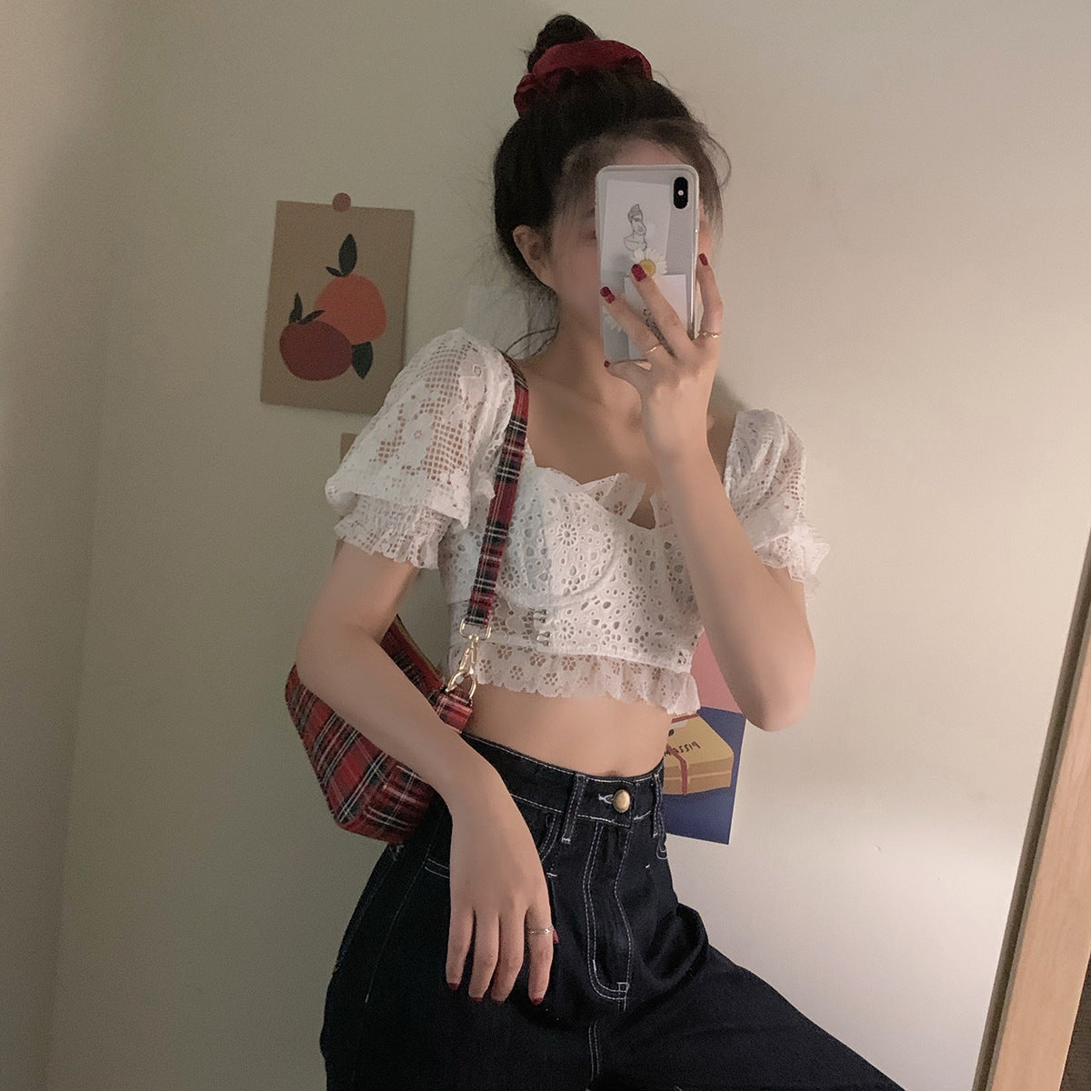 Sweet & Chic Embroidered Lace Blouse - Women's Cropped Top Korean style lace puff sleeve short top