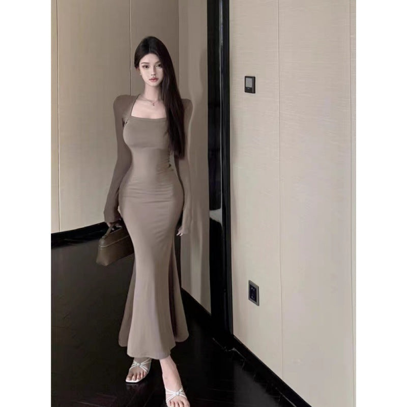 Skinny Slimming Hip Fishtail Square Collar Dress Women's