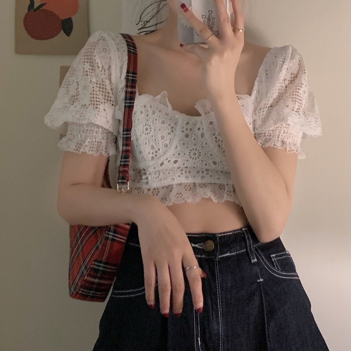 Sweet & Chic Embroidered Lace Blouse - Women's Cropped Top Korean style lace puff sleeve short top