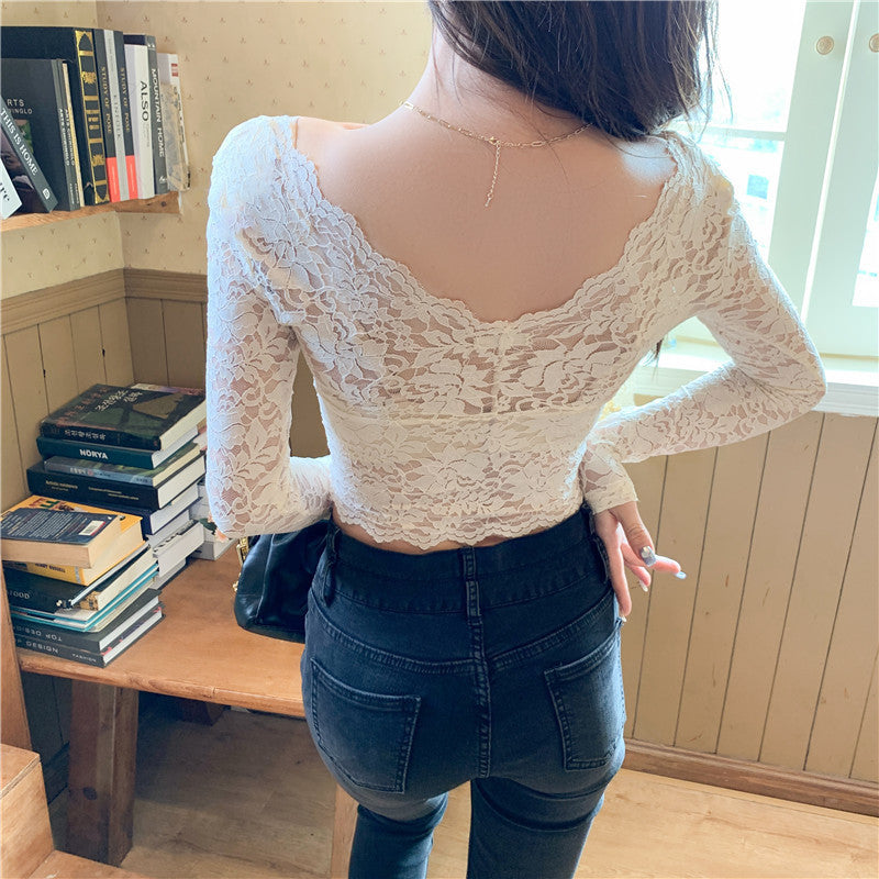 Spring New Night Club Style V-neck Mesh Lace Bottoming Shirt Women's Inner Short Hot Girl Top