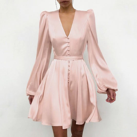 Elegant Pink Satin Mini Dress | V-Neck Puff Long Sleeve Satin Satin V-Neck Temperament Slim Dress