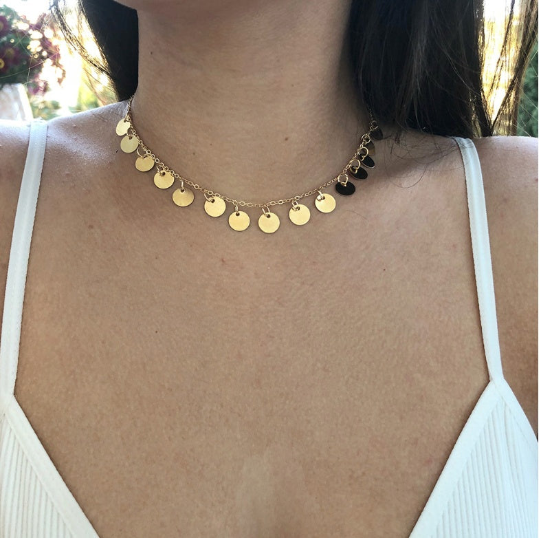 Dainty Disc Choker Necklaces Boho Coin Chain Chokers Sequined Metal Clavicle Chain