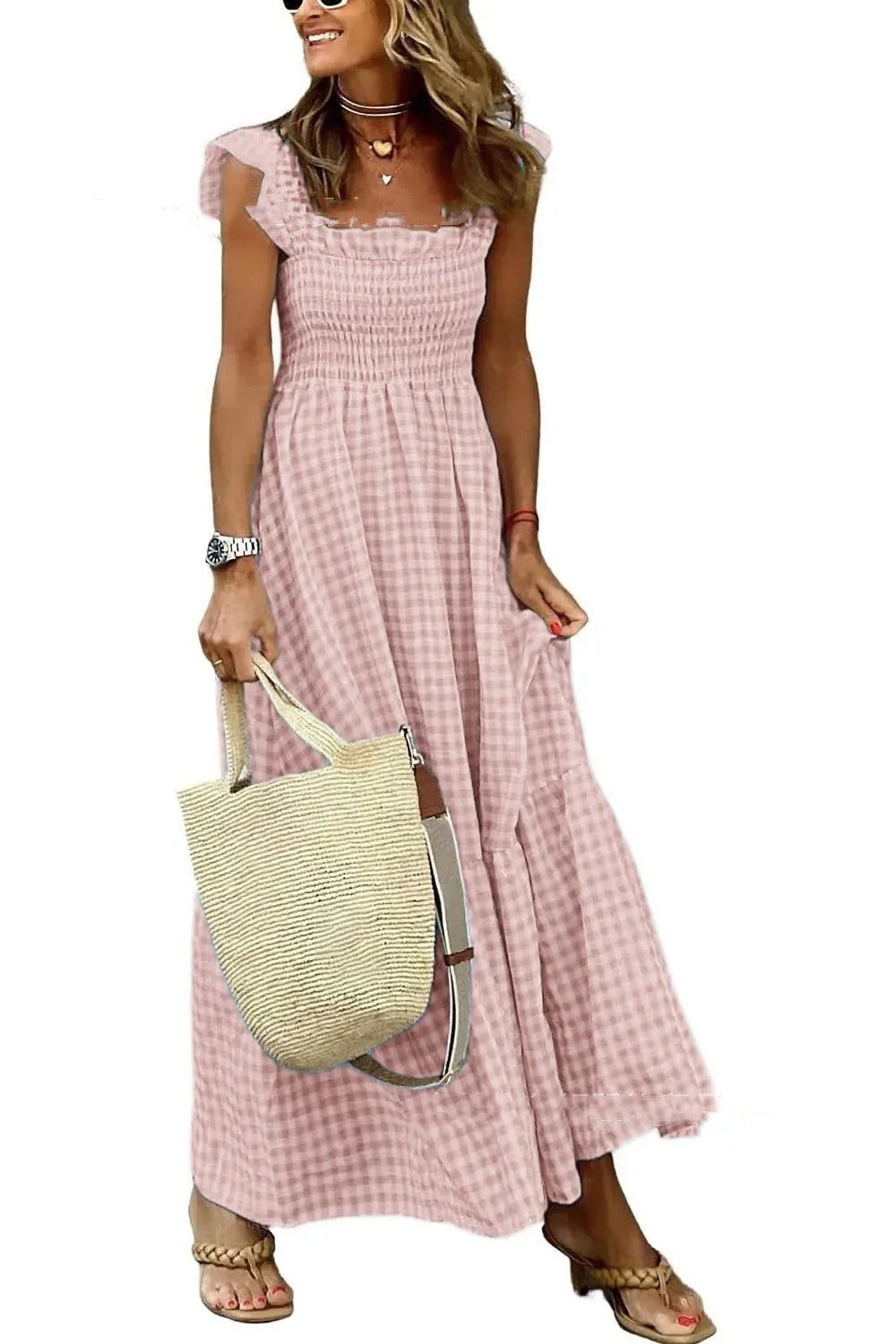 Gingham Smocked Maxi Dress – Effortless Charm in Every Color Summer Plaid Print Pleated Ruffle Dress INS Fashion Sleeveless A-line Swing Beach Dress Women's Clothing