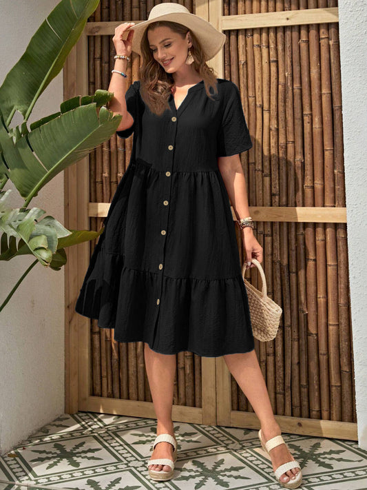 Plus Size Buttoned Dress - Summer Casual V-Neck Short Sleeve Midi Dress