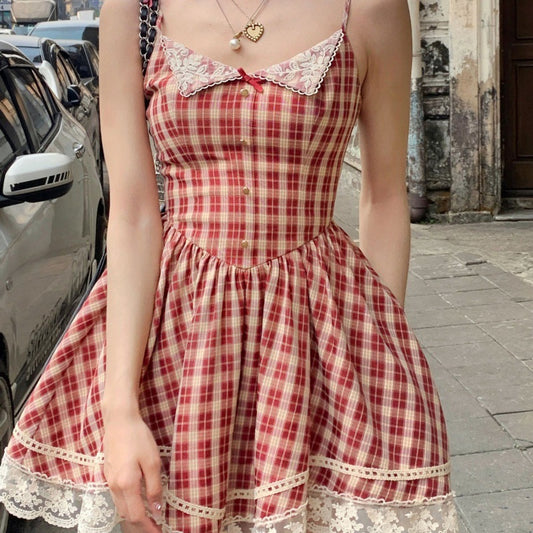 Slim Fit Sweet Plaid Slip Dress For Women's