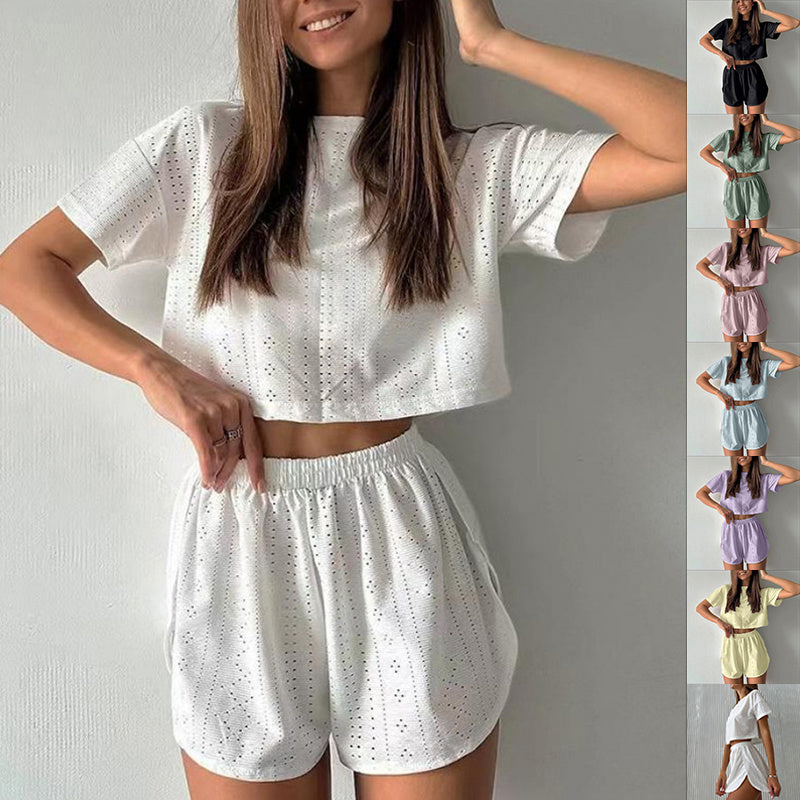 2pcs Casual Hollow Suit With Short-sleeved Crop Top And Elastic Slit Shorts Summer Fashion Sport Clothing For Women's