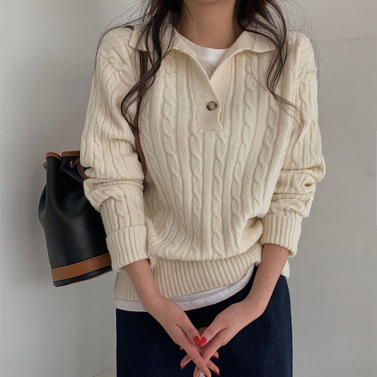 Autumn/Winter Cozy Collared Knit Top Women's Fashion Retro Knitted Sweater Top