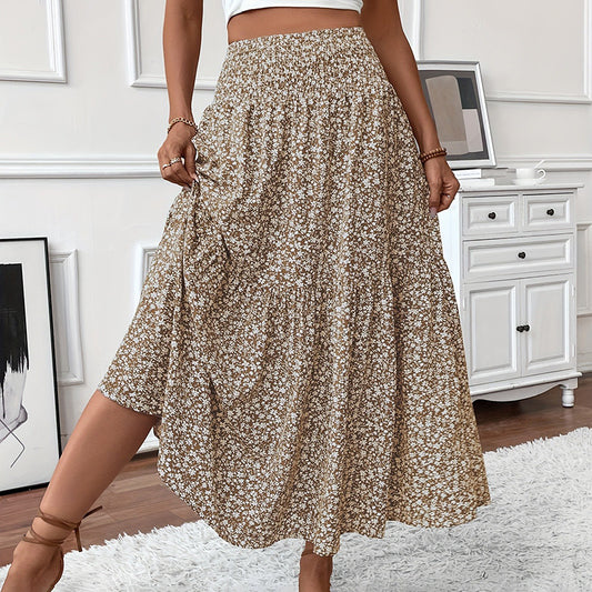 Boho Floral Maxi Skirt - High Elastic Waist, Pleated A-Line Long Skirt