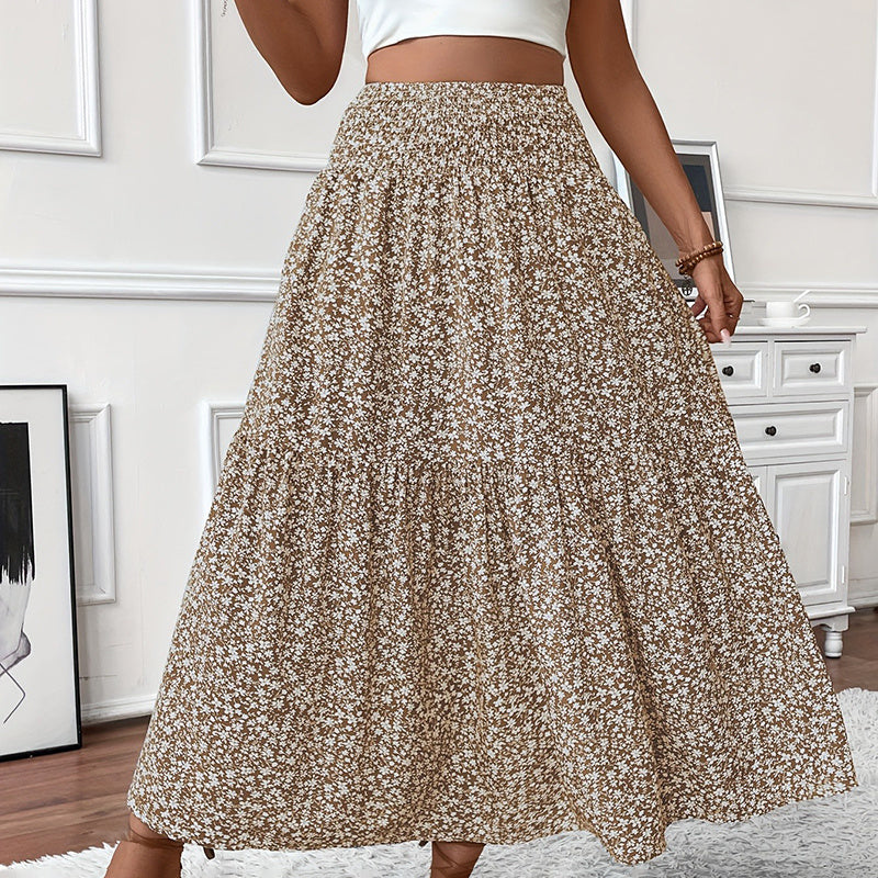 Boho Floral Maxi Skirt - High Elastic Waist, Pleated A-Line Long Skirt