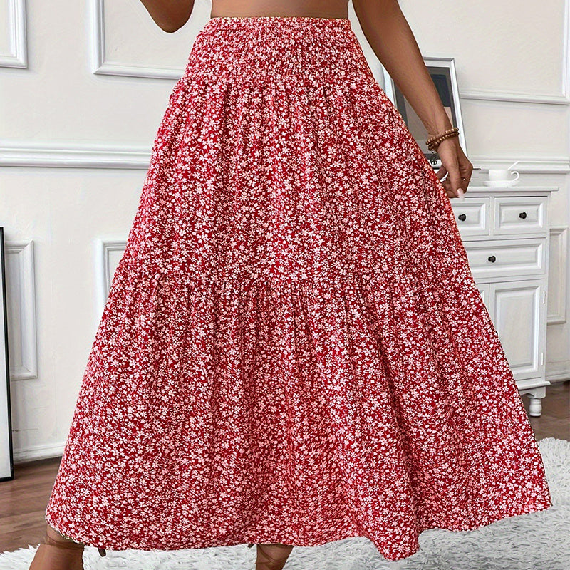 Boho Floral Maxi Skirt - High Elastic Waist, Pleated A-Line Long Skirt