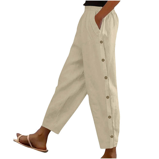 Casual Pants Elastic Waist Side Button Loose Fit Trousers With Pockets Women's