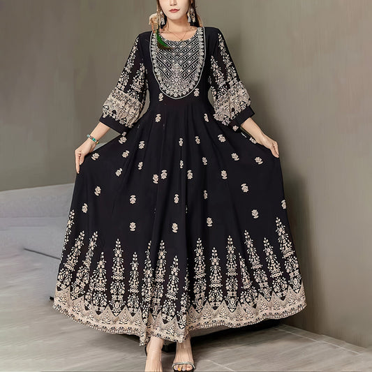 Bohemian Embroidered Maxi Dress Elegant 3 4 Sleeve Swing Dress