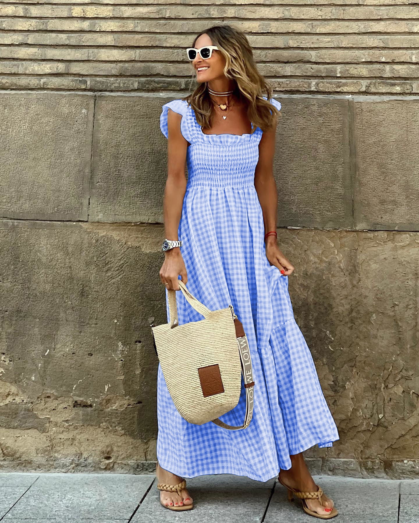 Gingham Smocked Maxi Dress – Effortless Charm in Every Color Summer Plaid Print Pleated Ruffle Dress INS Fashion Sleeveless A-line Swing Beach Dress Women's Clothing