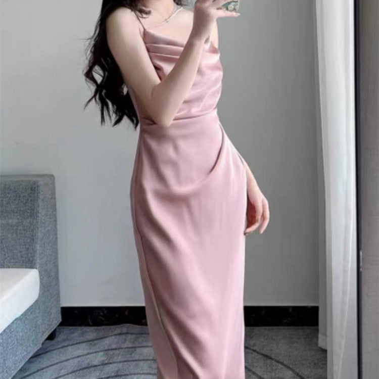 Sophisticated Silky Ruched Side Split Midi Gown Premium Satin Silky Sexy Slit Dress