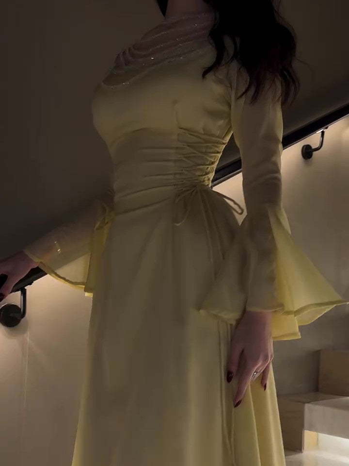 Elegant Yellow Pleated Belted Ruffled Sleeves Maxi Bodycon Dress