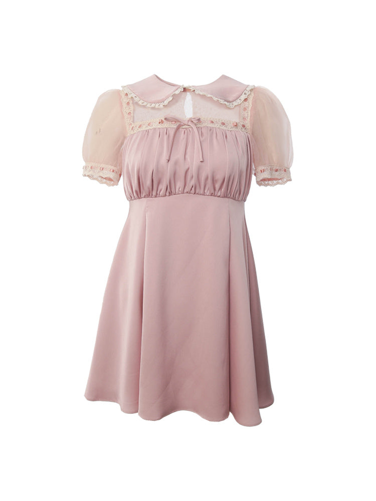 Cute & Chic Pink Collared Mini Dress with Puff Sleeves Pure Desire Satin Puff Sleeve Dress