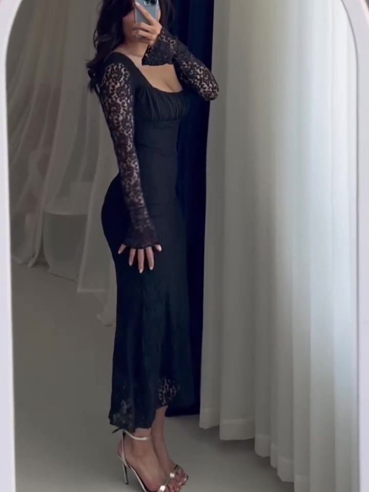 Black Lace Patchwork Square Neck Bodycon Dress