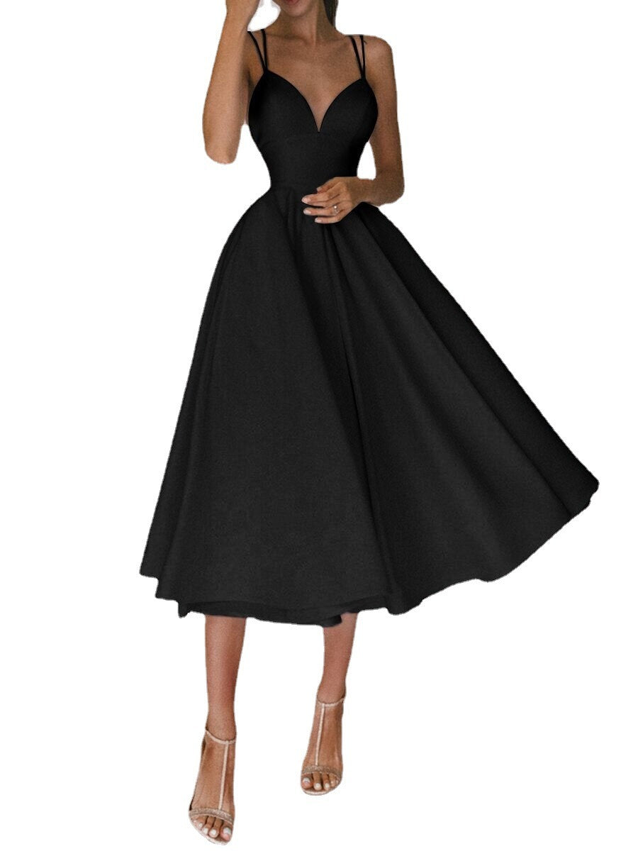 Elegant Sweetheart Neck A-Line Midi Dress Sexy V-neck Suspender Dress Summer Fashion A-Line Long Dresses For Women